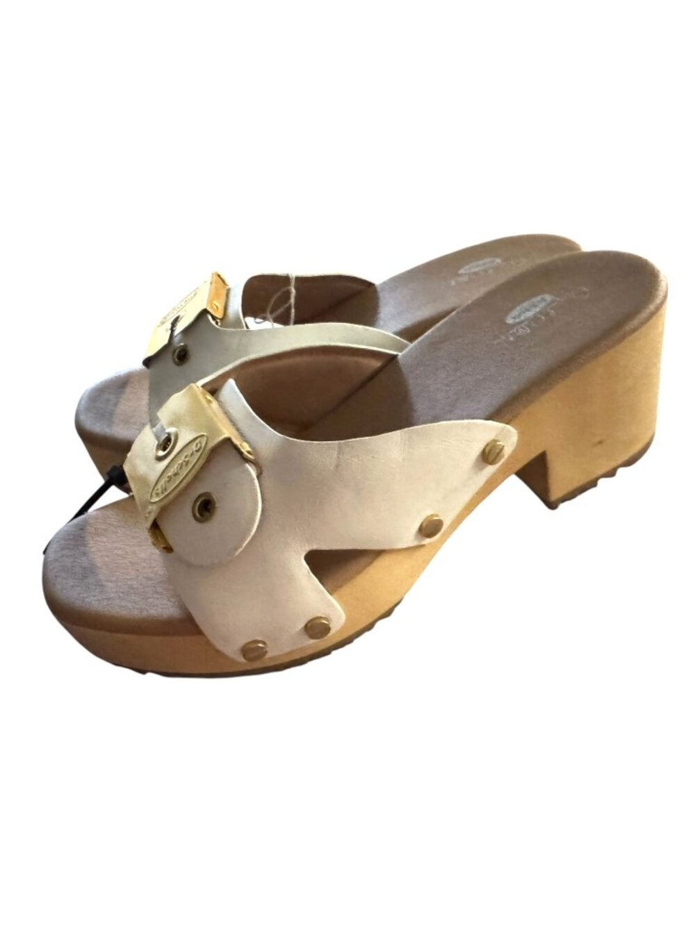 Dr. Scholls Women's Size 7 Leather Sandals With Gold Buckle & Wooden Platform